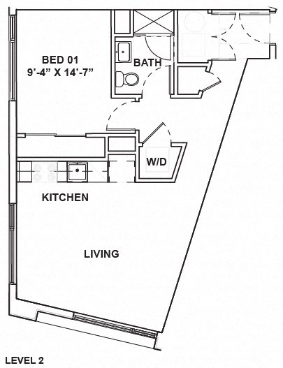 Floor plan for 1 bed, 1 bath, 577 sqft
